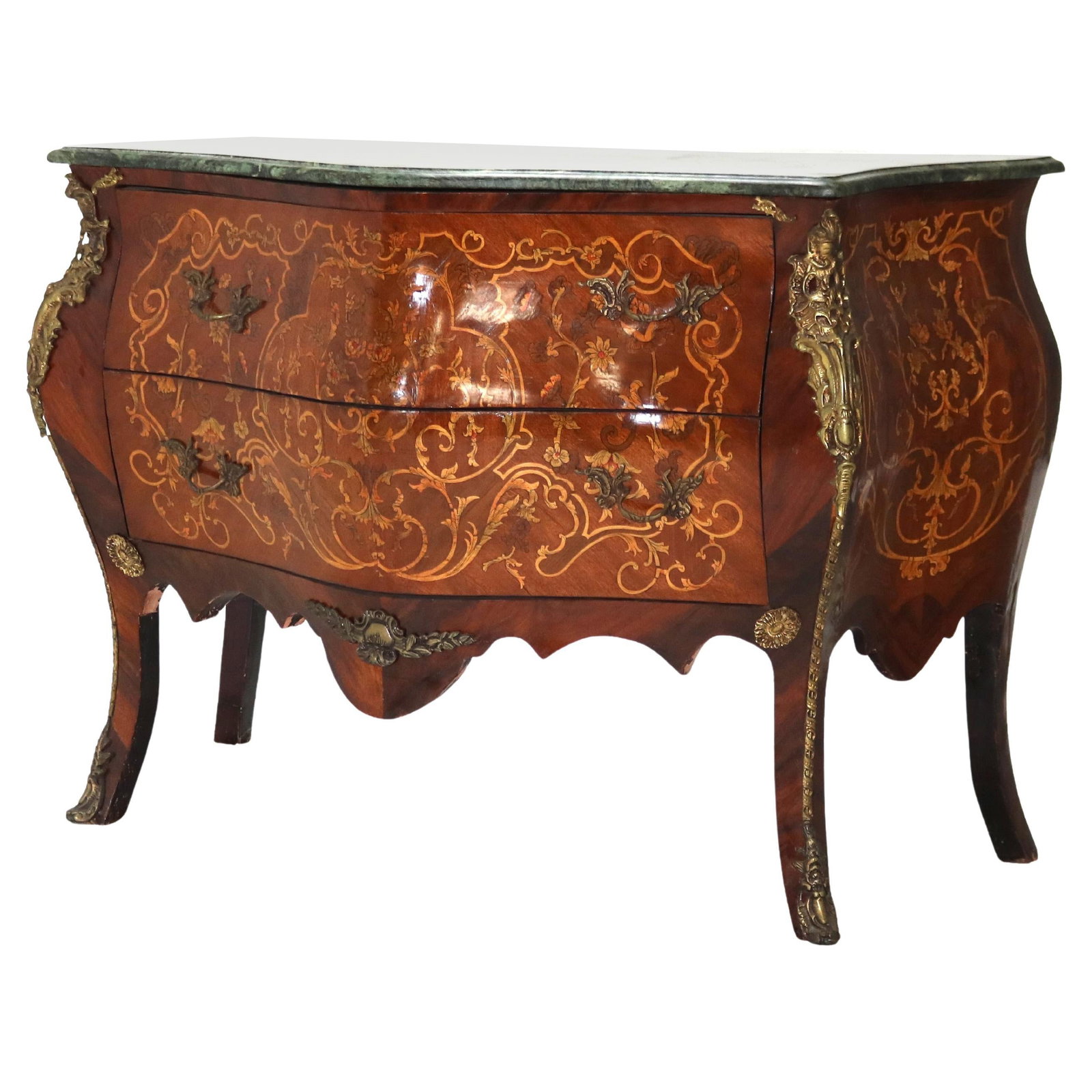 20th Century Bombe Commode with Kingwood Ormolu and Marble in Louis XIV Style: 20th Century Bombe Commode with Kingwood Ormolu and Marble in Louis XIV Style This 20th-century Louis XIV style bombe commode is crafted from kingwood and satinwood with intricate inlays, highlighted 