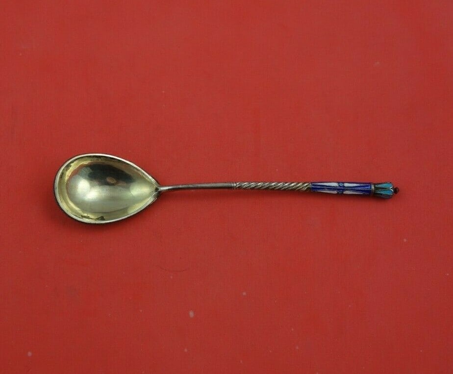 Russian Sterling Silver Enameled Vermeil Sugar Spoon 5.5 Inch: Russian Sterling Silver Enameled Vermeil Sugar Spoon 5.5 Inch This exquisite Russian sterling silver sugar spoon features a beautiful vermeil (gold washed) finish and intricate enamel detailing. Measu