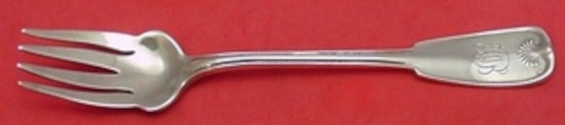 Tiffany Co Palm Sterling Silver Salad Fork 6 1/2 wavy tines: Tiffany Co Palm Sterling Silver Salad Fork 6 1/2 wavy tines Sterling silver salad fork in the Palm pattern by Tiffany & Co., featuring wavy tines and a 6 1/2 inch length. It is monogrammed, with monos