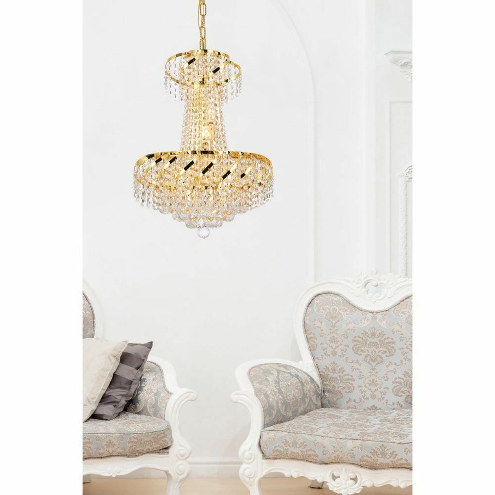 Belenus 6 Light Gold Crystal Empire Chandelier 18 inch: Belenus 6 Light Gold Crystal Empire Chandelier 18 inch This elegant French Empire-style chandelier features a gold-plated finish and is adorned with high-quality royal cut clear crystals. Designed for