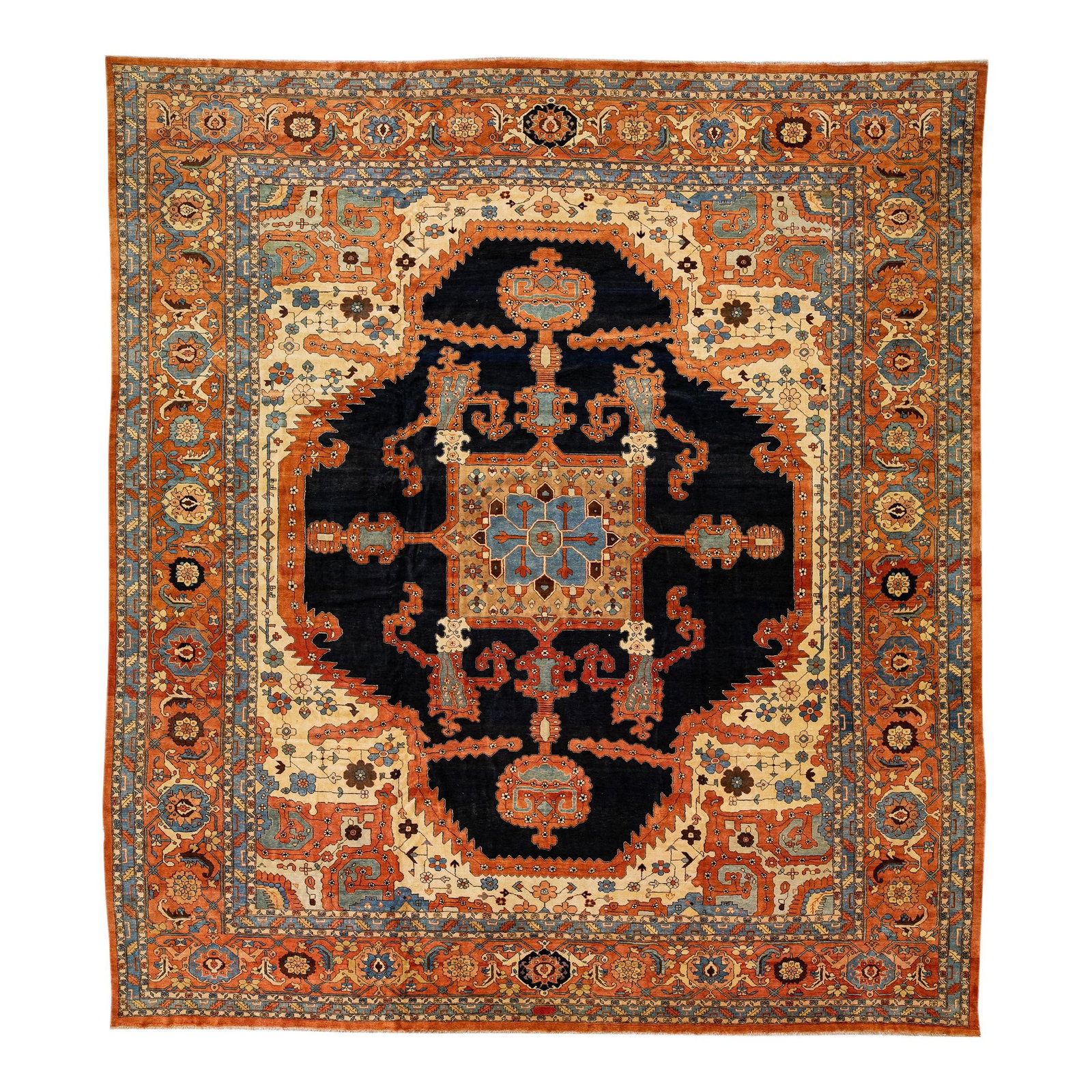 Antique 1920s Persian Serapi Handmade Wool Rug Orange Medallion 18'6 x 20'3: Antique 1920s Persian Serapi Handmade Wool Rug Orange Medallion 18'6 x 20'3 This stunning 1920s antique Persian Serapi rug features a rich orange rust color field complemented by dark blue and blue ac