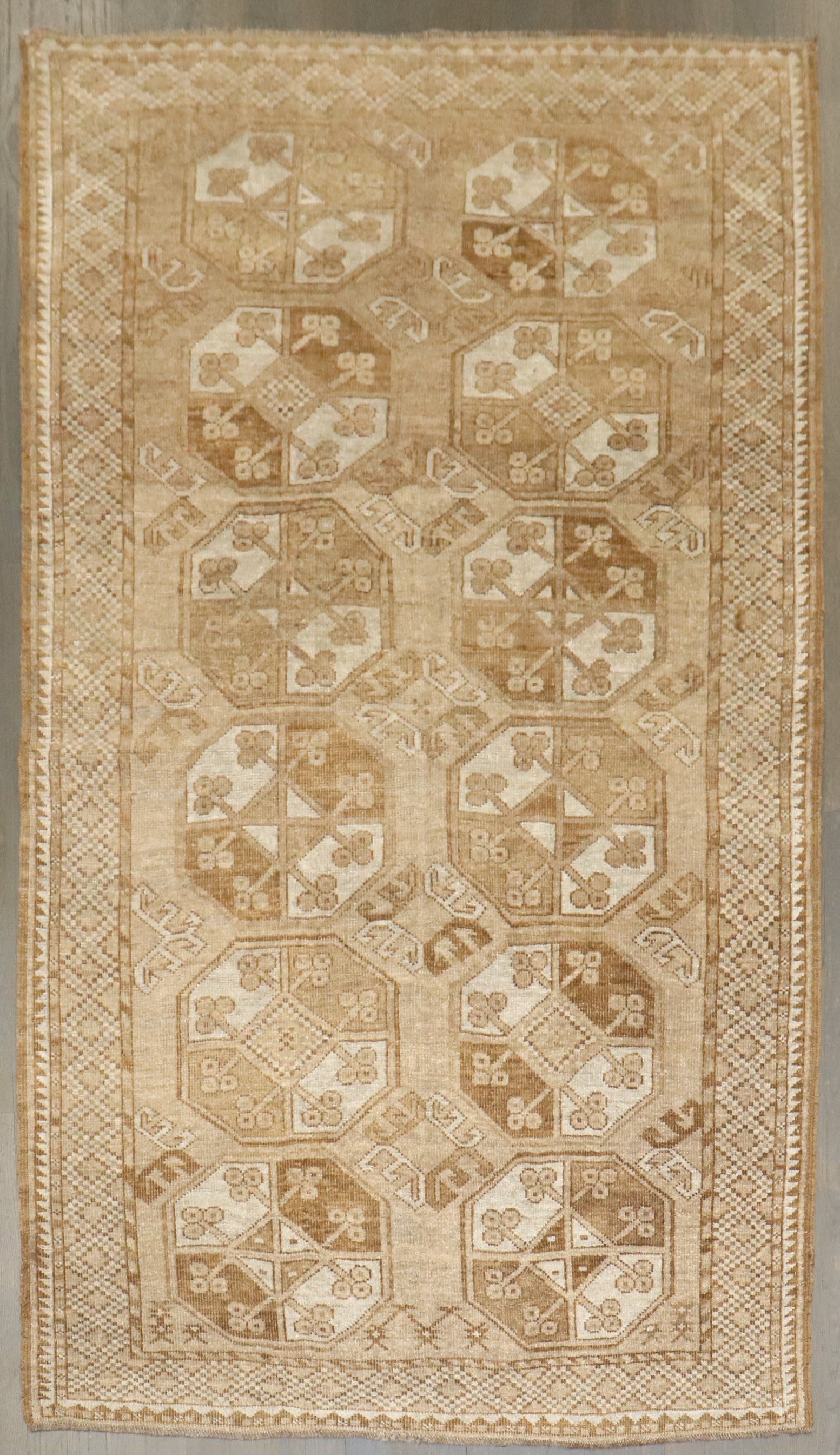 3' 8" x 5' 11" Afghan Ersari Rug Neutral Tones: 3' 8" x 5' 11" Afghan Ersari Rug Neutral Tones Vintage Afghan Ersari rug in a neutral color palette, dating to the mid 20th century. This small pre-owned rug features a classic geometric design. Speci