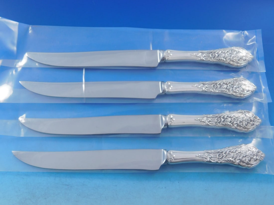 Reed and Barton Florentine Lace Sterling Silver Steak Knife Set 4-piece Texas Size (1 of 8)