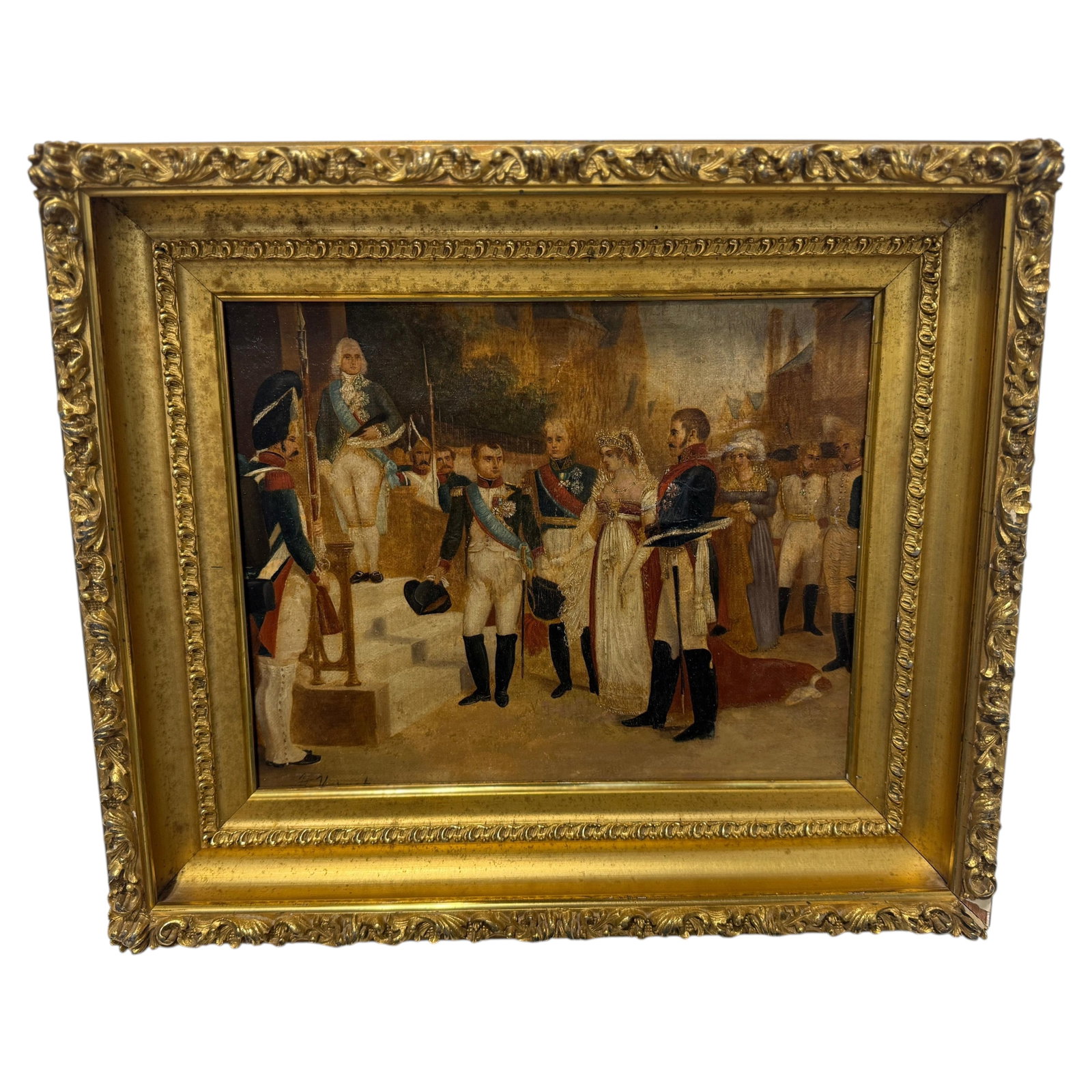 French School oil on canvas after Nicolas Gosse Napoleon at Tilsit: French School oil on canvas after Nicolas Gosse Napoleon at Tilsit Cabinet-scale historical painting after Nicolas Gosse depicting Napoleon I receiving Queen Louise of Prussia at Tilsit on 6 July 1807