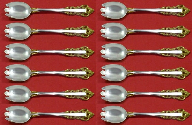 Gorham Golden Medici Sterling Silver Dessert Forks Set of 12 6 Inches: Gorham Golden Medici Sterling Silver Dessert Forks Set of 12 6 Inches This exquisite set of 12 ice cream dessert forks showcases the elegant Golden Medici pattern by Gorham. Crafted from high-quality 