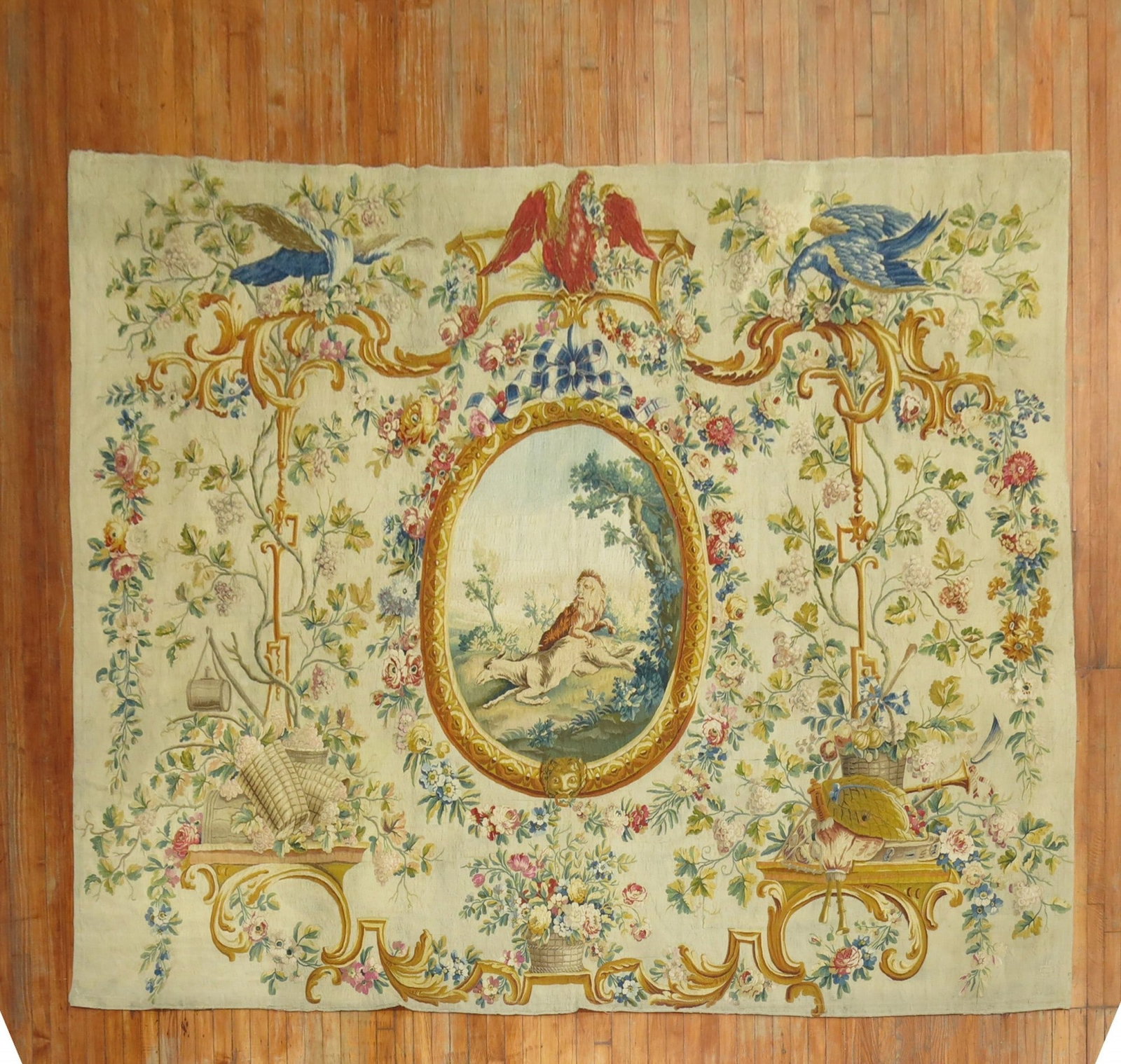 8' 5" x 10' 6" Aubusson tapestry panel silk wool French: 8' 5" x 10' 6" Aubusson tapestry panel silk wool French Late 18th century French Aubusson tapestry panel featuring animals within a central oval cameo, surrounded by garlands, birds, scrolling acanthu
