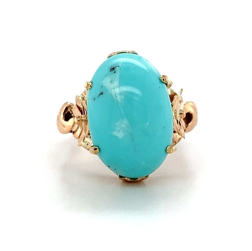 Handcrafted 14k Yellow Gold Vintage Turquoise Cabochon Ring with Floral Motif (1 of 8)
