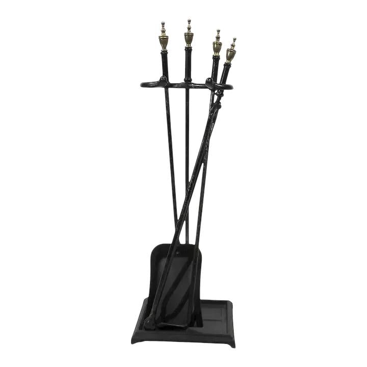 Vintage 4 Piece Brass and Iron Fireplace Tool Set with Stand (1 of 8)