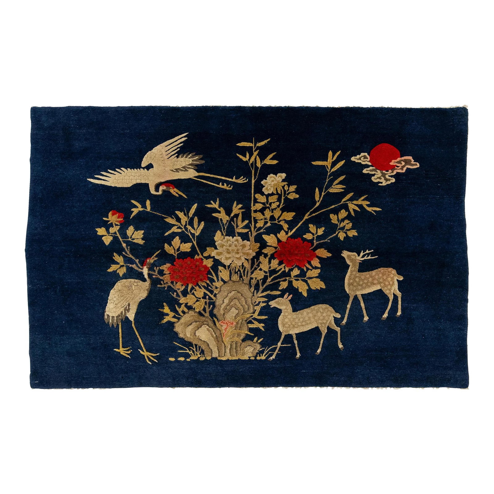 Handmade Chinese Art Deco Wool Rug Navy Blue 4 x 7 Pictorial Design: Handmade Chinese Art Deco Wool Rug Navy Blue 4 x 7 Pictorial Design This exquisite antique Art Deco wool rug showcases a rich navy blue color field adorned with a traditional pictorial design in elega