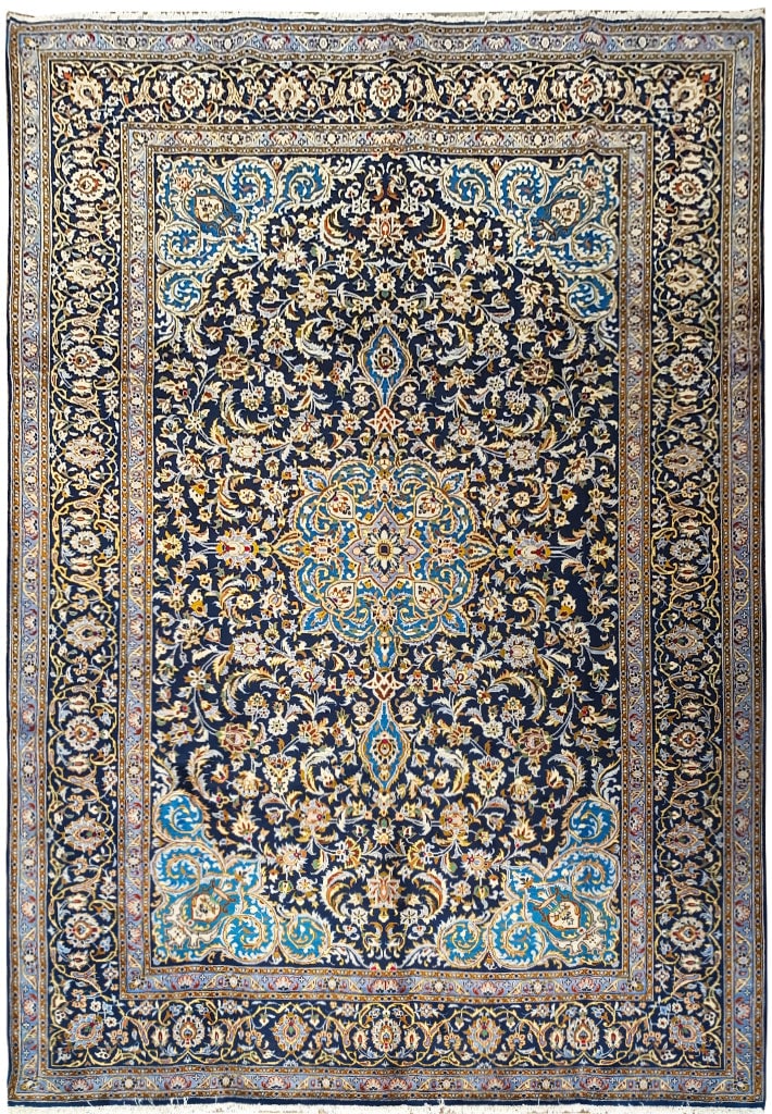 Navy Blue 9'10 x 12'11 Hand-Knotted Persian Kashan Area Rug: Navy Blue 9'10 x 12'11 Hand-Knotted Persian Kashan Area Rug Free continental US Shipping Introducing a stunning 9.10 x 12.11 feet Authentic Persian Kashan Quality Rug in a deep navy blue hue, handcraf