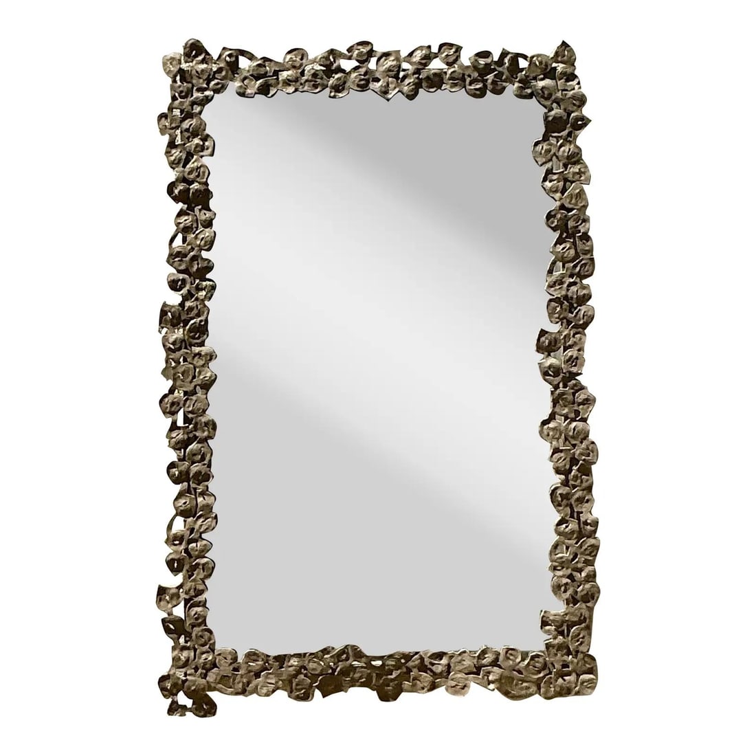 Vintage Boho Hammered Metal Floral Design Mirror 27x41.25: Vintage Boho Hammered Metal Floral Design Mirror 27x41.25 Enhance your living space with the Vintage Boho Hammered Metal Floral Ring Mirror. This exquisite mirror features a beautifully detailed frame