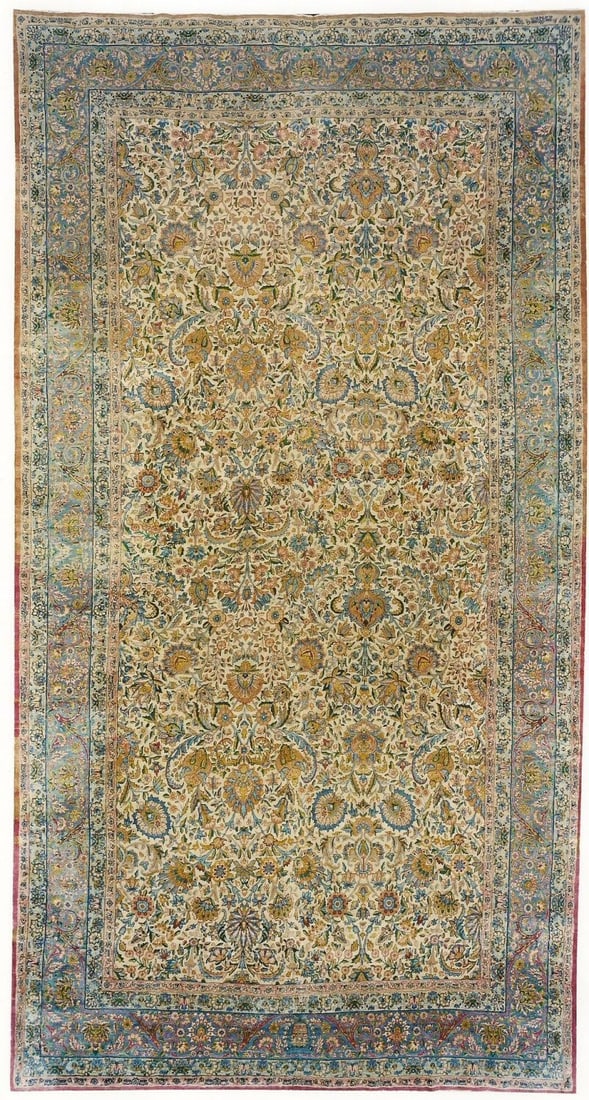 9' 8" x 18' 2" Persian Kerman Floral Ivory Field Carpet: 9' 8" x 18' 2" Persian Kerman Floral Ivory Field Carpet Late 19th century Persian Kerman carpet with a floral ivory field. This pre-owned oversize rug reflects the classic design and craftsmanship ass