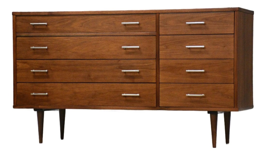1960s Mid Century Walnut Dresser by Drexel Biscayne: 1960s Mid Century Walnut Dresser by Drexel Biscayne This stunning mid-century modern dresser showcases exquisite craftsmanship with eight dovetail drawers, each adorned with sleek chrome drawer pulls.