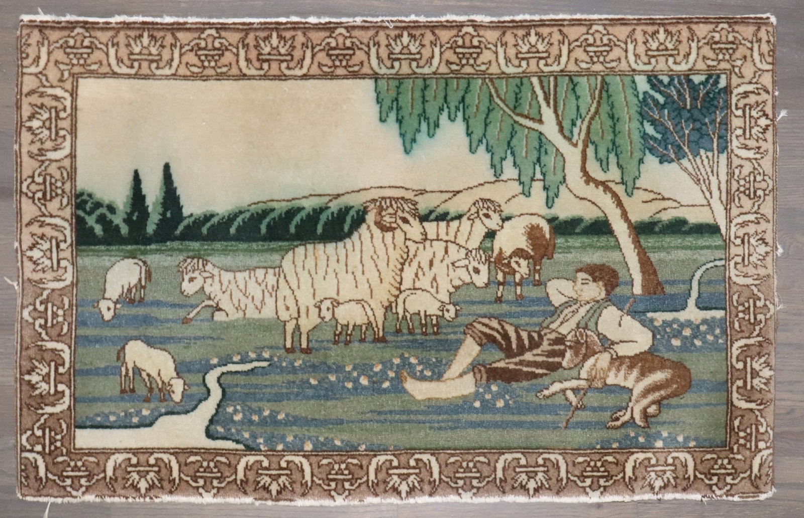 1' 10" x 2' 11" Persian Tabriz pictorial yastik rug: 1' 10" x 2' 11" Persian Tabriz pictorial yastik rug Vintage Persian Tabriz pictorial yastik rug featuring a scene of a man lying on the ground surrounded by a flock of sheep. This mid 20th century sma
