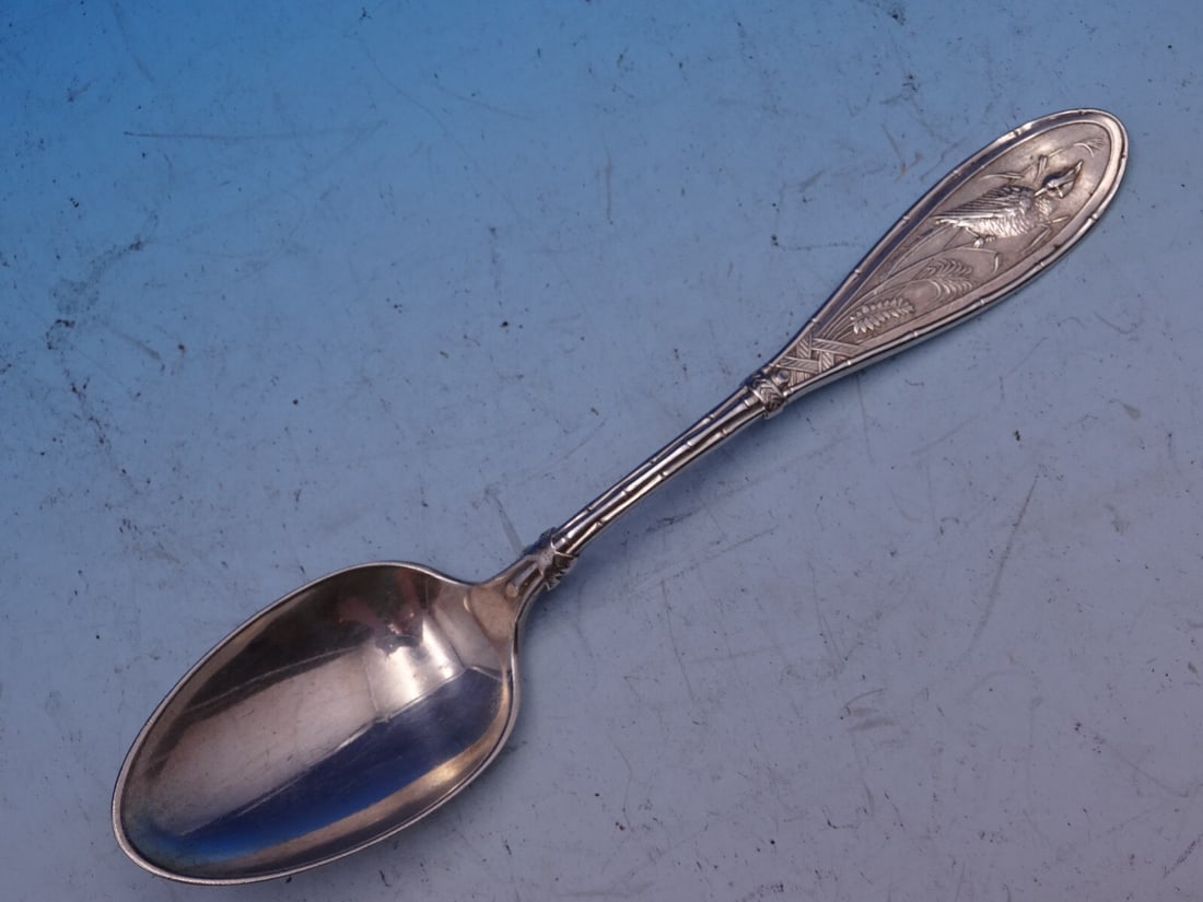 Sterling Silver Place Soup Spoon Japanese Pattern by Whiting 6 7/8 Inch: Sterling Silver Place Soup Spoon Japanese Pattern by Whiting 6 7/8 Inch Discover this exquisite Japanese aka New Japanese place soup spoon by Whiting, crafted from high-quality sterling silver. Measur