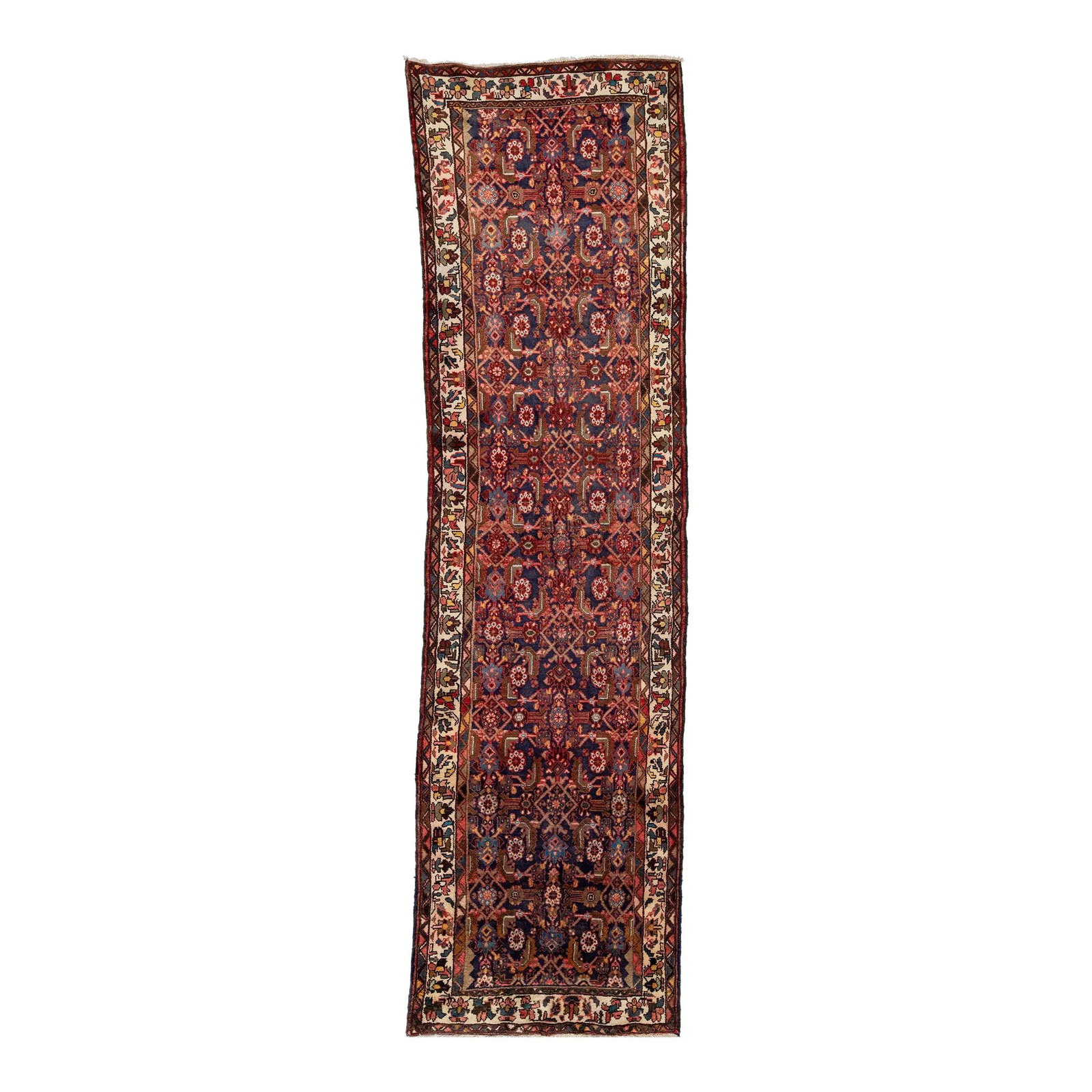 Vintage Hamadan Hand-Knotted Wool Rug Blue Multicolor 3'7 x 13'3: Vintage Hamadan Hand-Knotted Wool Rug Blue Multicolor 3'7 x 13'3 Enhance your space with this stunning vintage Hamadan hand-knotted wool rug, showcasing an allover design with vibrant multicolor accen