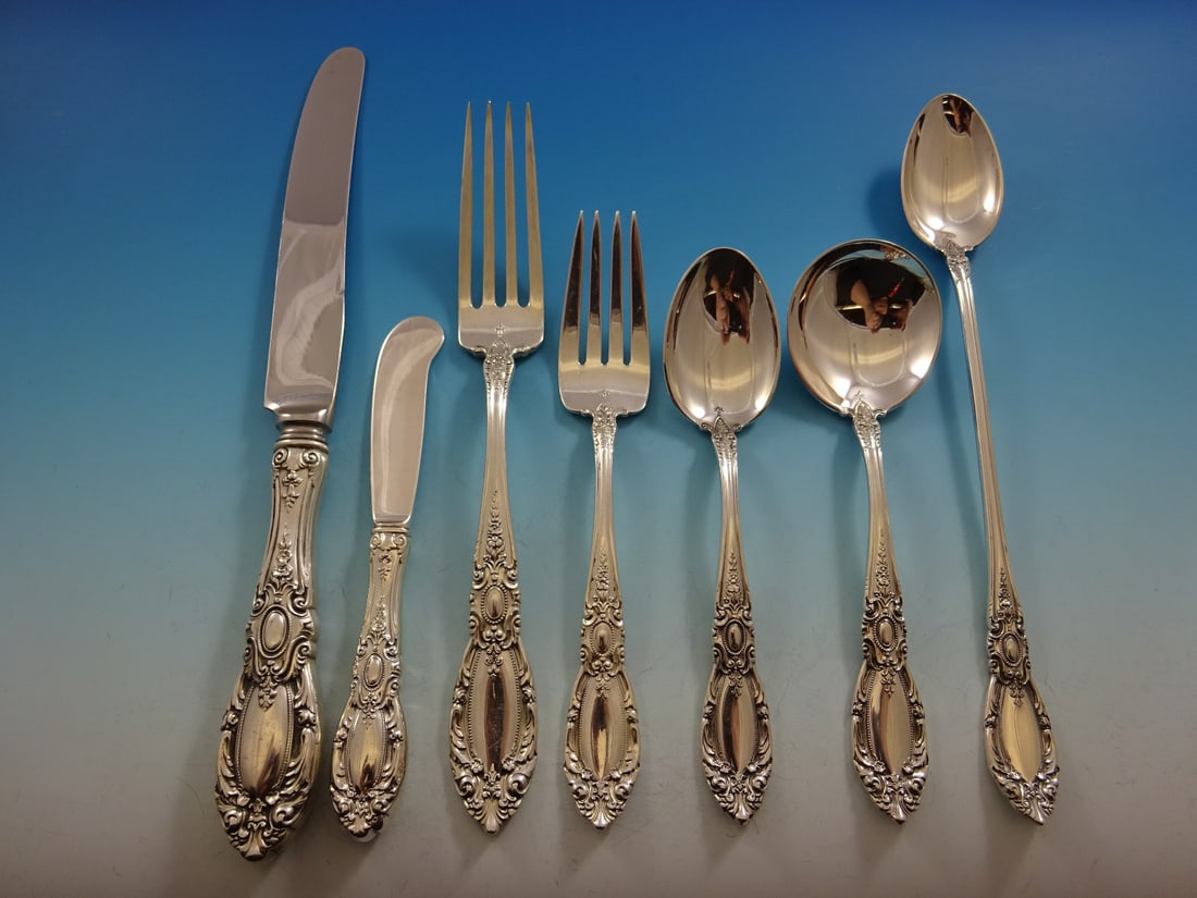Towle King Richard Sterling Silver Flatware Set 62 Pieces Service for 8: Towle King Richard Sterling Silver Flatware Set 62 Pieces Service for 8 Elevate your dining experience with the King Richard Sterling Silver Flatware Set. This exquisite 62-piece set, designed by Towl