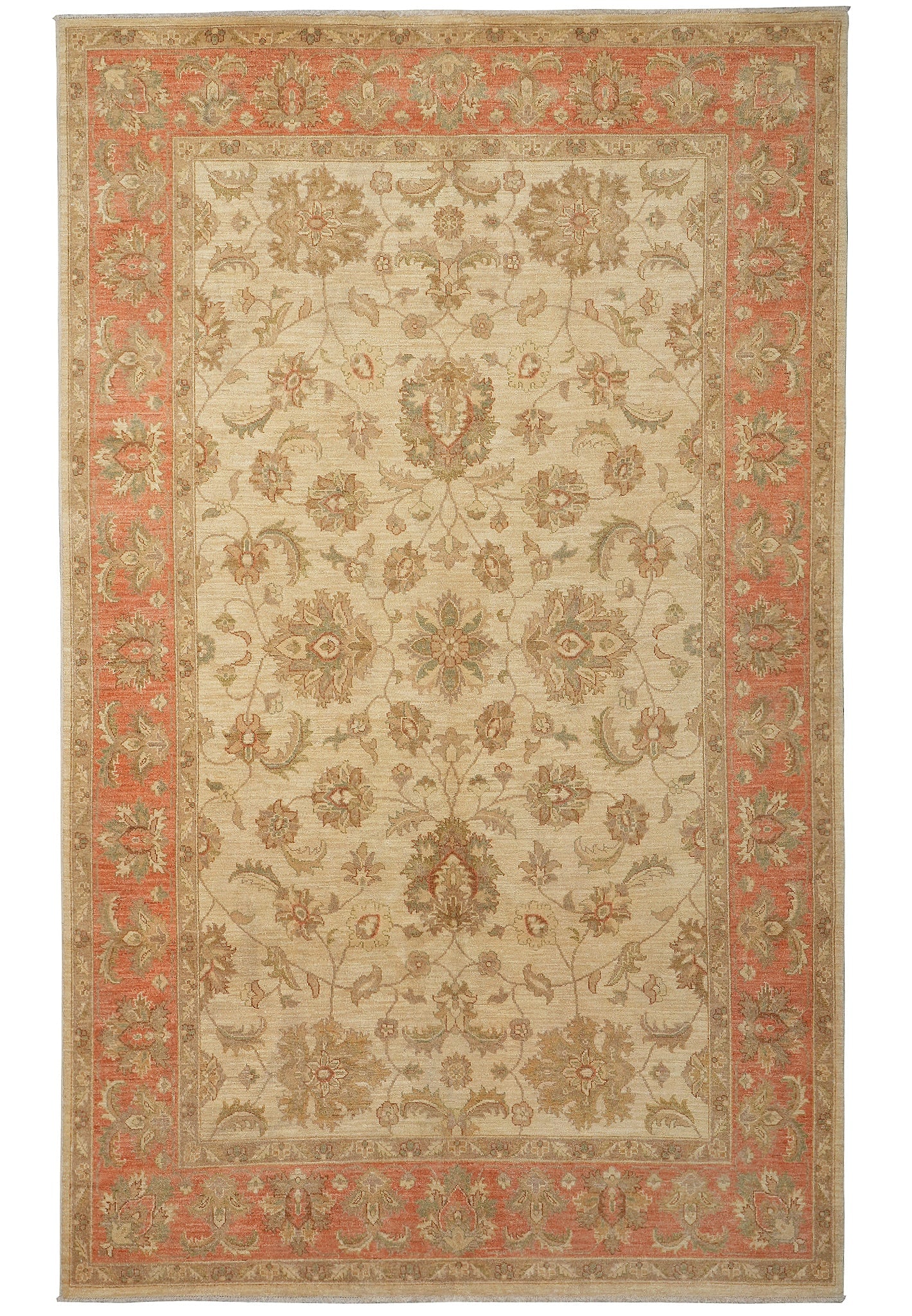 6.7 x 10 Ivory Chobi Peshawar Handmade Wool Area Rug: 6.7 x 10 Ivory Chobi Peshawar Handmade Wool Area Rug Free continental US Shipping Handmade Chobi Peshawar area rug in ivory, beige, and rust tones with an intricate floral pattern and bordered design.