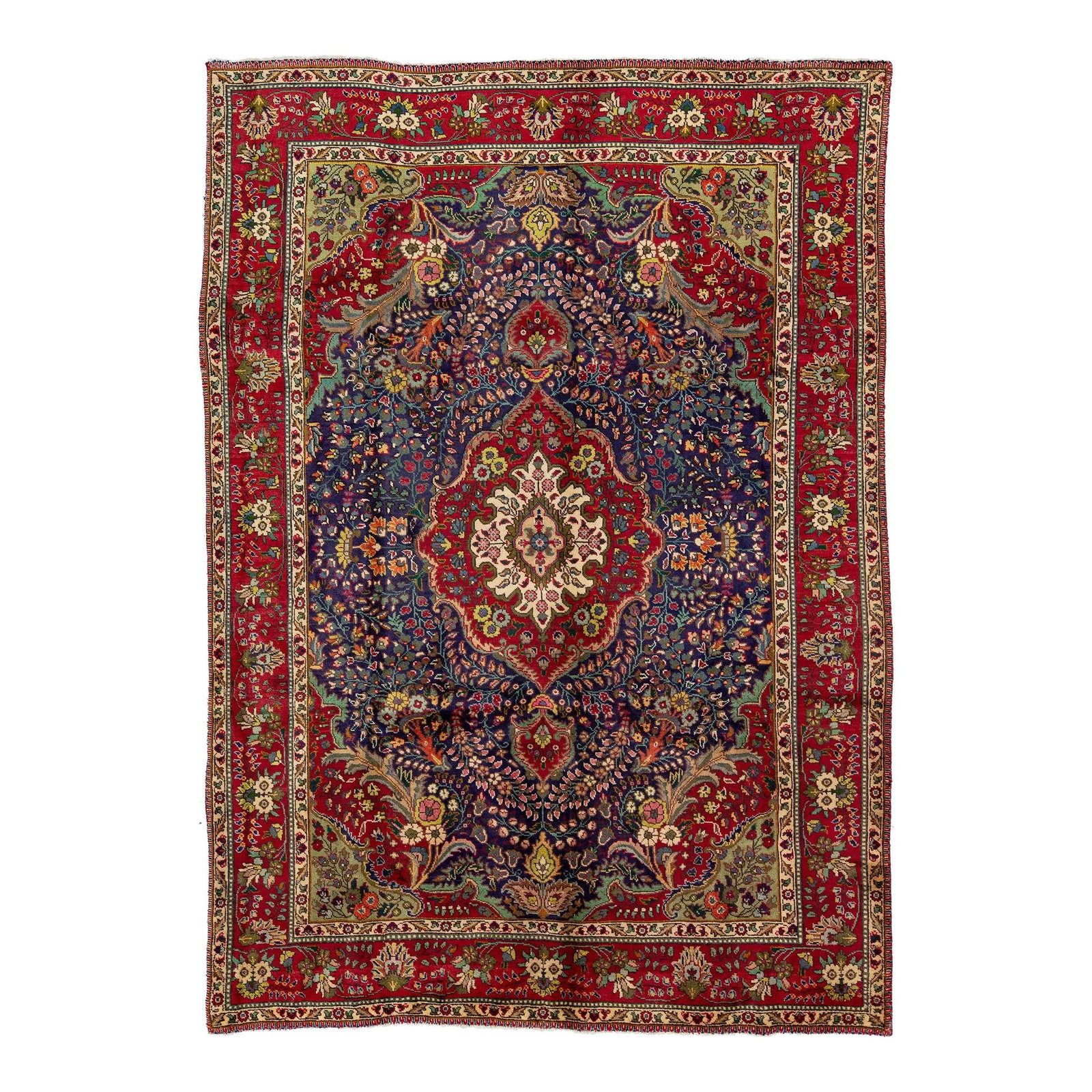 Handmade Vintage Tabriz Wool Rug Blue Medallion Design 6'6" x 9'2": Handmade Vintage Tabriz Wool Rug Blue Medallion Design 6'6" x 9'2" This exquisite handmade vintage Tabriz rug features a stunning blue field adorned with multicolor accents throughout its intricate de