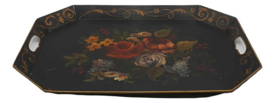 Hand Painted Black Gold Tole Serving Tray 22w x 16.5d (1 of 10)