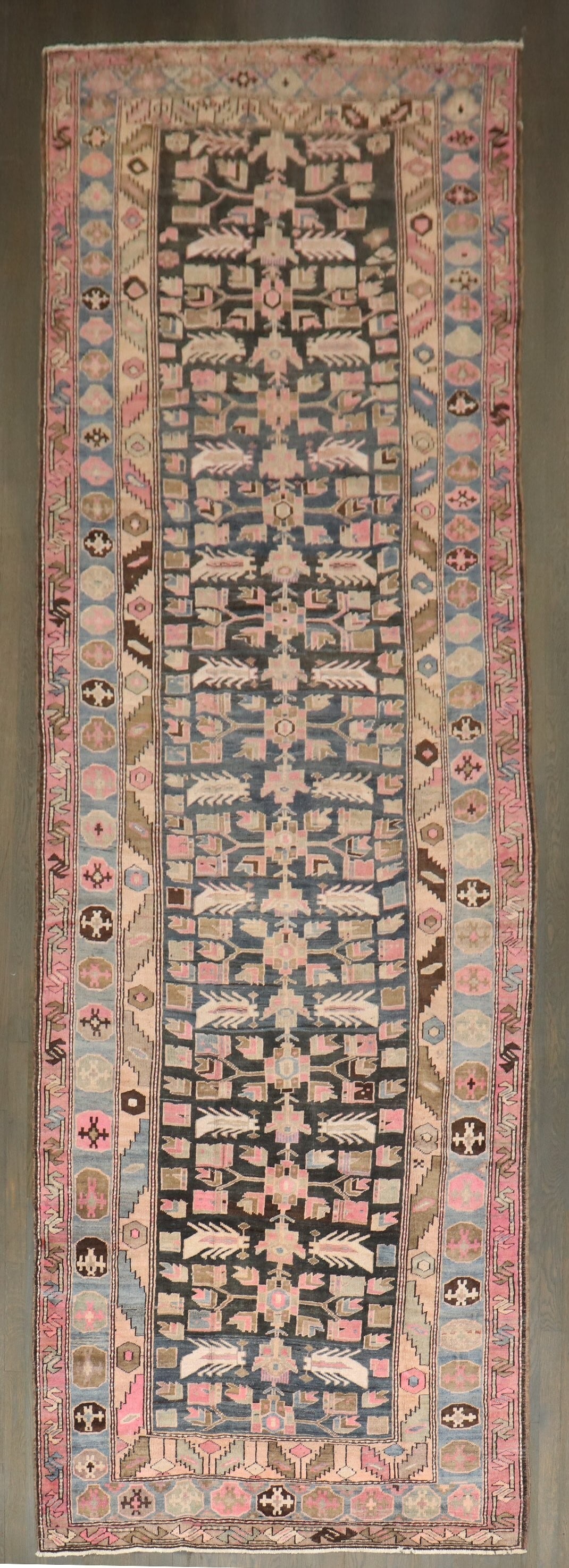 4' 5" x 13' 9" Russian Karabagh Runner with Pink Border: 4' 5" x 13' 9" Russian Karabagh Runner with Pink Border Vintage Russian Karabagh runner from the 1930s with a pink border and wide runner format. This pre-owned piece is identified as a Karabagh runne
