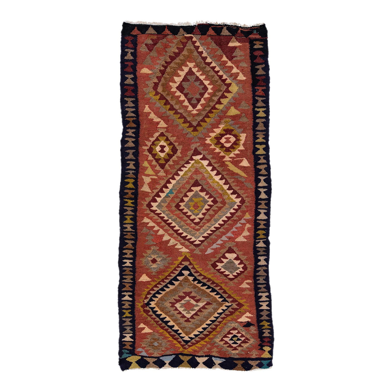 1960s Vintage Turkish Kilim Handmade Wool Rug Rust Colors: 1960s Vintage Turkish Kilim Handmade Wool Rug Rust Colors This stunning vintage Turkish Kilim rug features a rich rust field complemented by a black border and vibrant multicolor geometric tribal patt