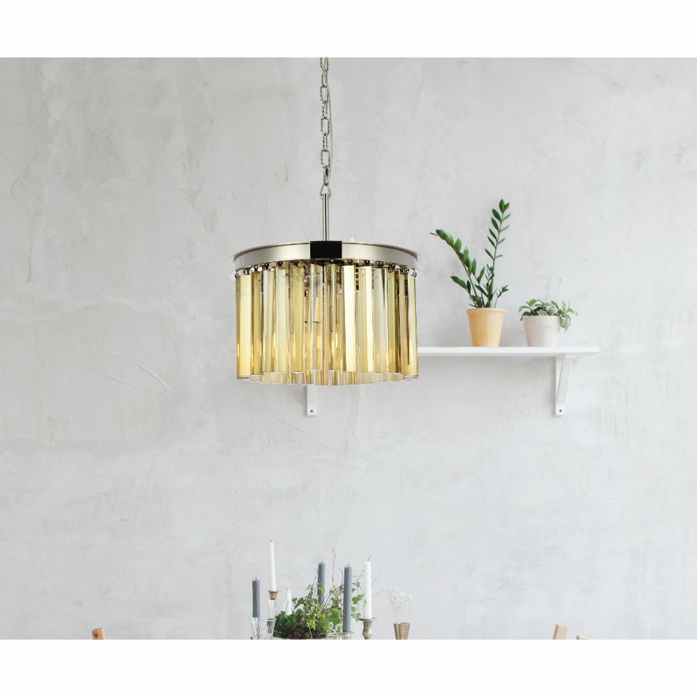 Sydney 3 Light Crystal Pendant Chandelier Polished Nickel 16 in: Sydney 3 Light Crystal Pendant Chandelier Polished Nickel 16 in Modern 3-light chandelier with a polished nickel frame and golden teak royal cut crystals. The fixture is hardwired, UL/ETL safety rated