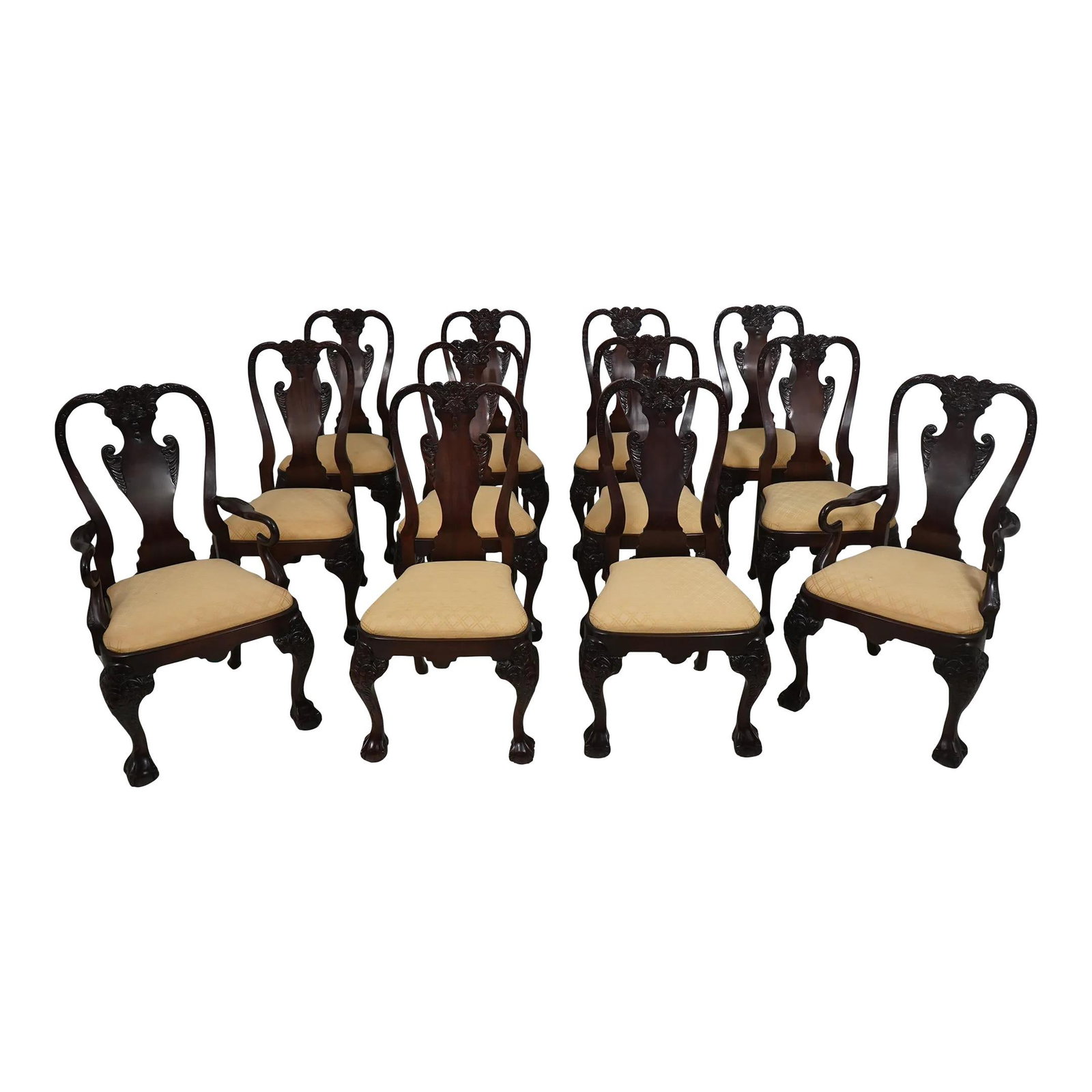 Set of 12 Bevan Funnel Georgian Mahogany Dining Chairs with Ball & Claw Feet: Set of 12 Bevan Funnel Georgian Mahogany Dining Chairs with Ball & Claw Feet This exquisite set of 12 dining room chairs showcases a classic English Georgian design, featuring elegant ball and claw fe