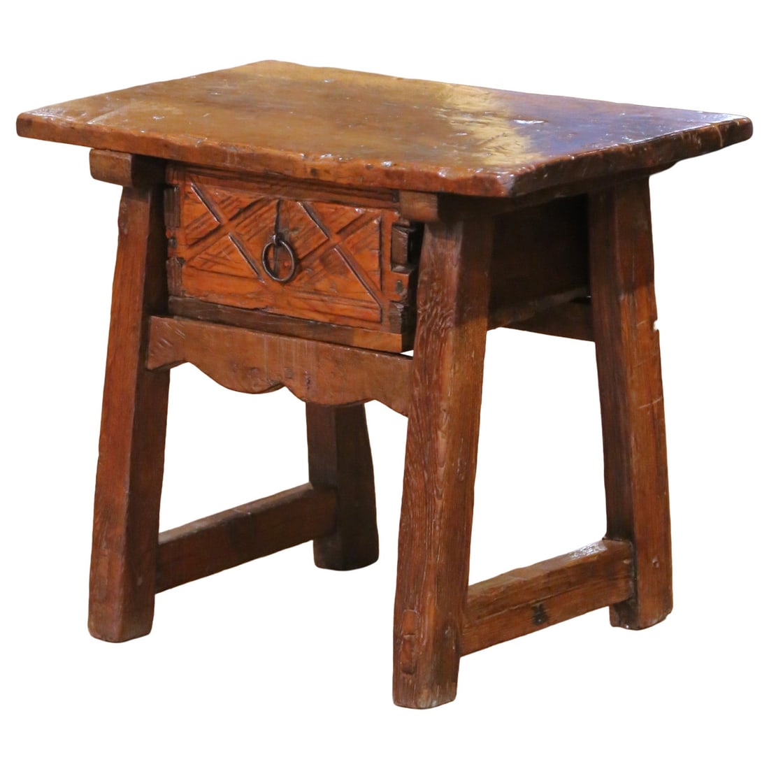 18th Century Spanish Walnut Side Table with Carved Drawer: 18th Century Spanish Walnut Side Table with Carved Drawer This exquisite 18th Century Spanish side table embodies the elegance of Louis XIII style craftsmanship. Crafted in Spain around 1760, it featu