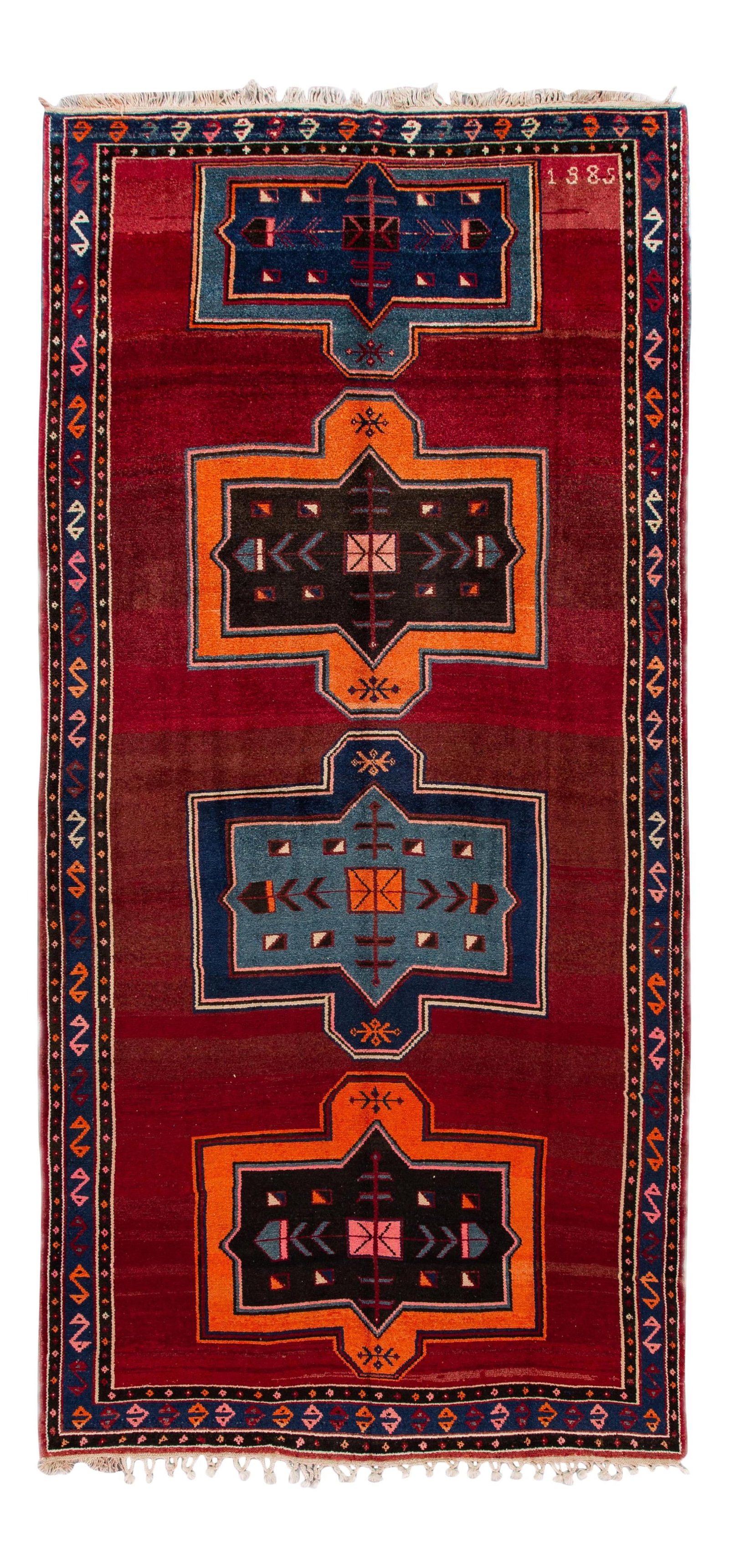 Vintage Turkish Wool Runner Red Tribal Design 7'7" x 15'9": Vintage Turkish Wool Runner Red Tribal Design 7'7" x 15'9" This stunning vintage Turkish hand-knotted wool runner features a vibrant red field adorned with a geometric tribal design. Framed in blue an