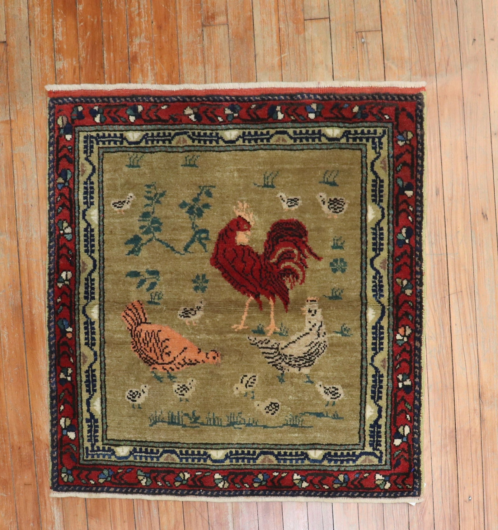 2' 10" x 2' 10" Mid Century Turkish Pictorial Anatolian Rug: 2' 10" x 2' 10" Mid Century Turkish Pictorial Anatolian Rug Vintage Turkish pictorial rug from the mid-20th century featuring a chicken and rooster design. This pre-owned square rug is rendered in an 