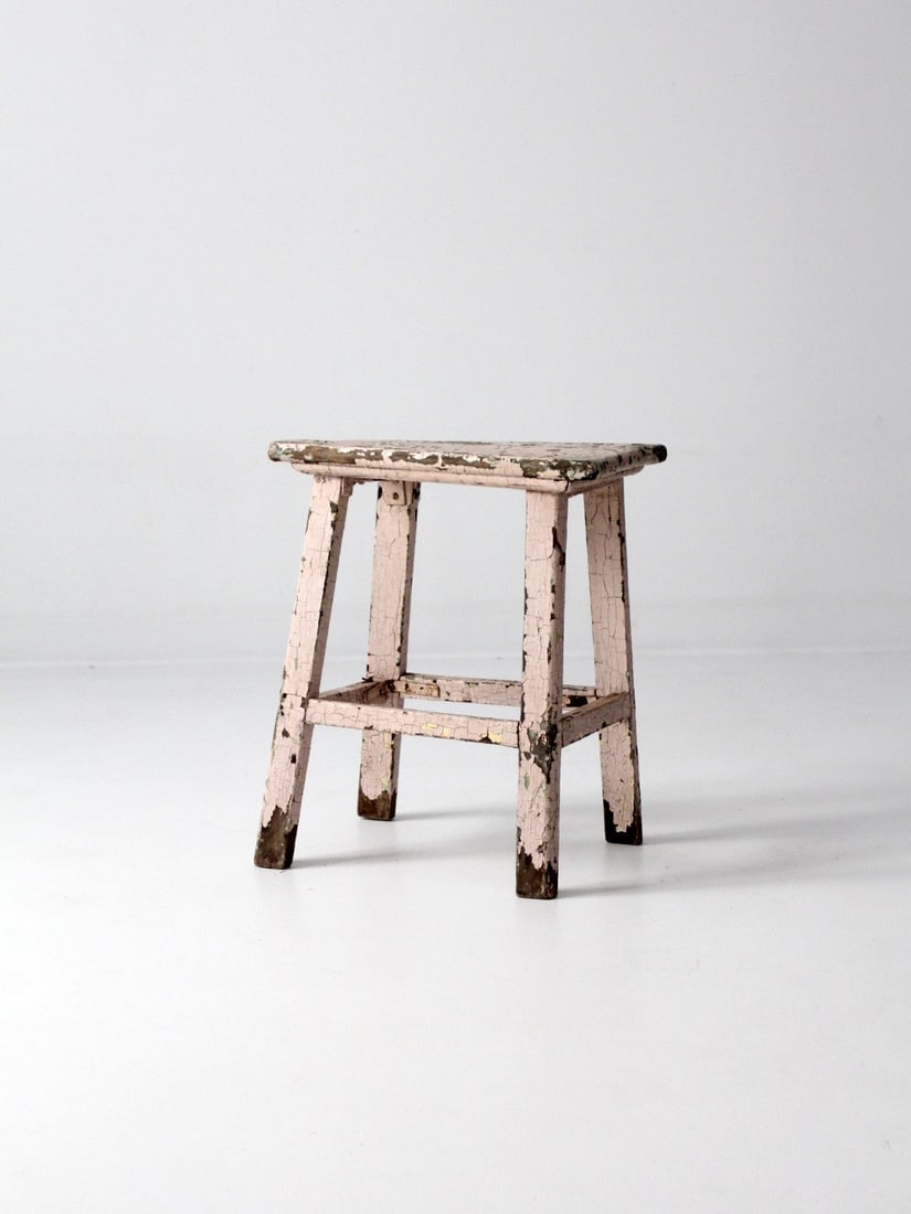 American Primitive Wood Milking Stool with Aged Pink Paint (1 of 4)