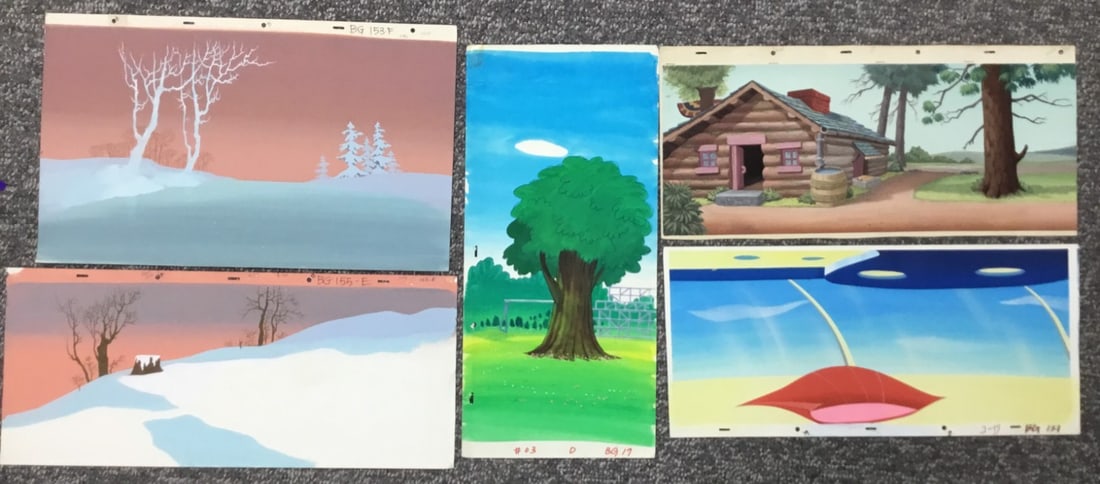 5 Original Hand Painted Animation Production Backgrounds Punch Holes (1 of 6)