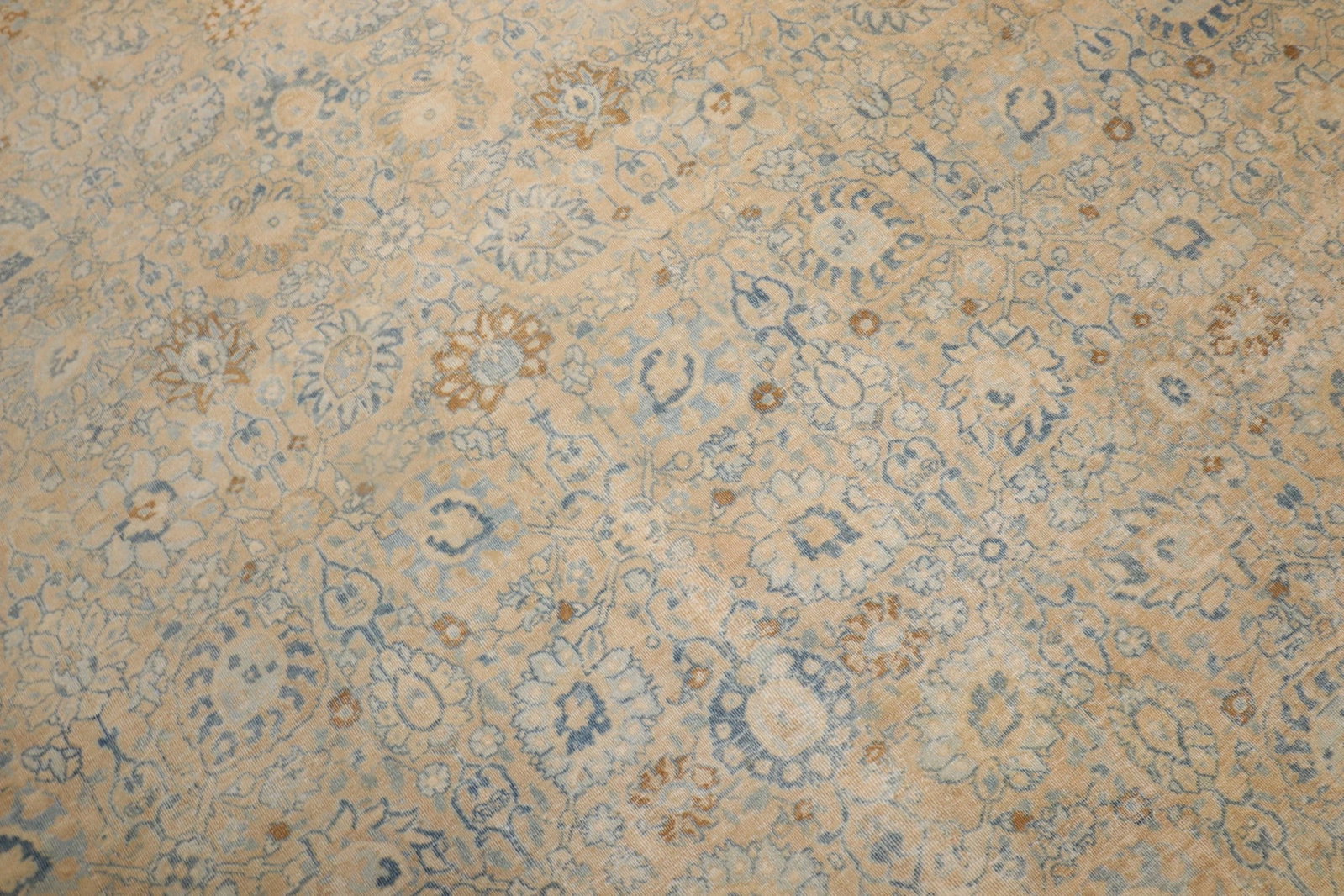 11' 4" x 14' Persian Tabriz room rug wheat ground: 11' 4" x 14' Persian Tabriz room rug wheat ground Antique Persian Tabriz room-size rug from the 1920s featuring an all-over design with dominant brown and blue accents on a wheat ground. Pre-owned. Sp