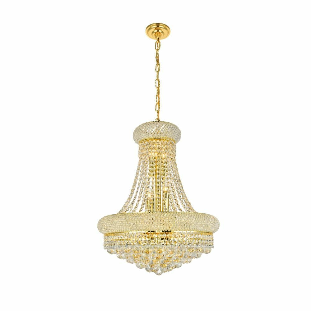Primo 14 Light Gold Crystal Chandelier 20 inch: Primo 14 Light Gold Crystal Chandelier 20 inch This large empire-style chandelier features a gold-finished frame adorned with Royal Cut clear crystals, creating a striking centerpiece for dining rooms