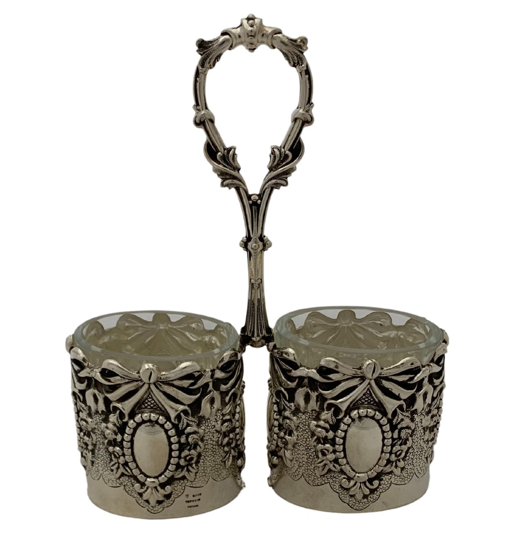 Portuguese Sterling Silver Double Salt Holder With Ornate Swirl Design (1 of 3)