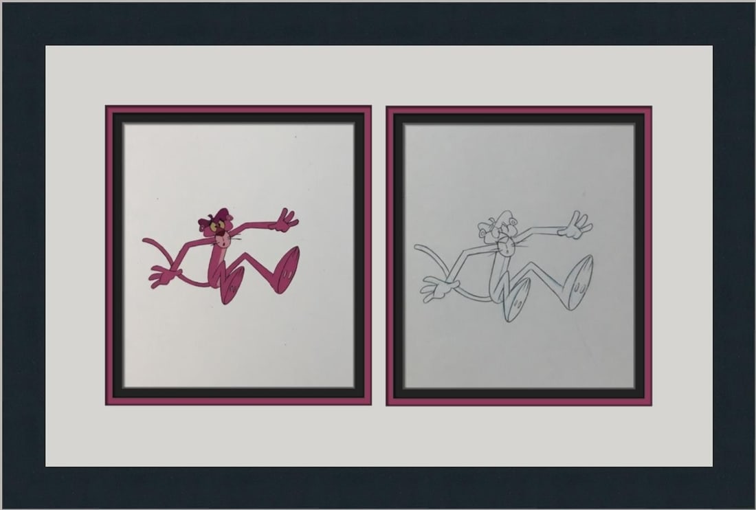 Framed Pink Panther 1969 hand painted cel with drawing (1 of 3)