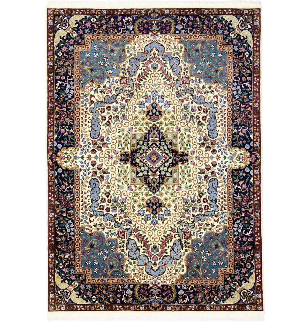 5'4 x 7'8 Hand-Knotted Wool Kirman Area Rug with Cream and Navy Floral Pattern: 5'4 x 7'8 Hand-Knotted Wool Kirman Area Rug with Cream and Navy Floral Pattern This hand-knotted Kirman rug from India features a cream and dark navy floral pattern accented with green, blue, beige, b