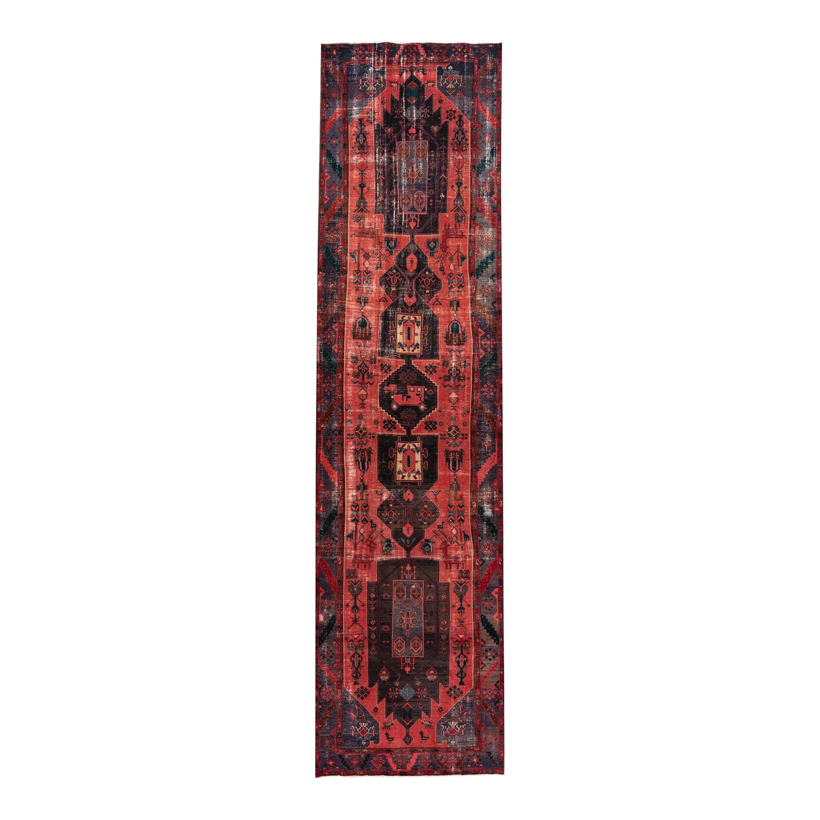 Vintage Persian Handmade Wool Runner Red Geometric Design 3'07 x 16'10: Vintage Persian Handmade Wool Runner Red Geometric Design 3'07 x 16'10 This stunning vintage Persian runner features a distressed hand-knotted wool construction, showcasing a vibrant red field adorned