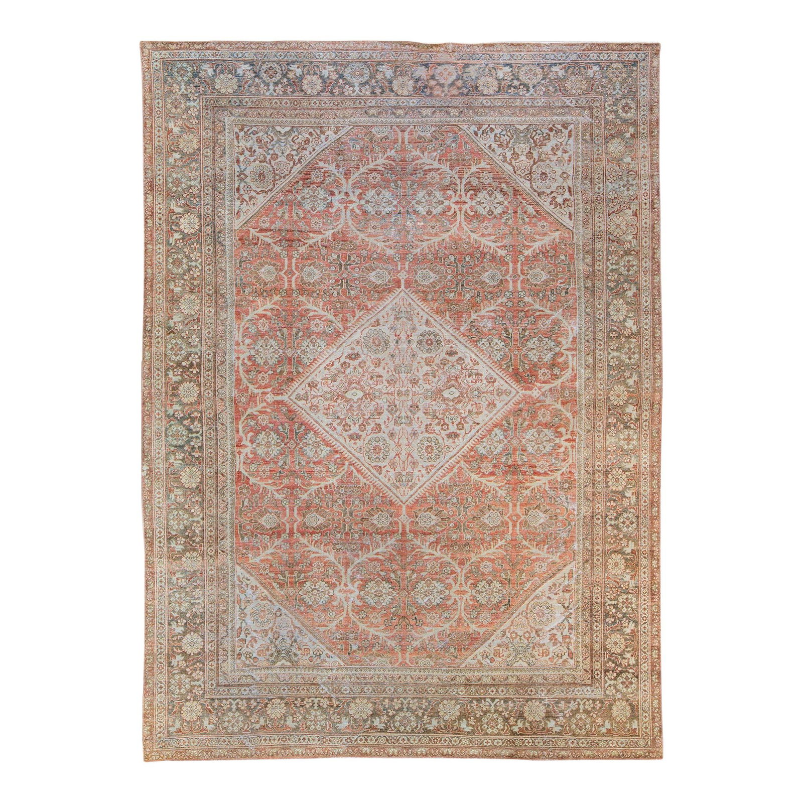 Hand-Knotted Red Antique Mahal Wool Rug 10'3 x 14'2 Medallion Design: Hand-Knotted Red Antique Mahal Wool Rug 10'3 x 14'2 Medallion Design This exquisite hand-knotted antique Mahal wool rug features a vibrant red field adorned with a traditional center medallion design,