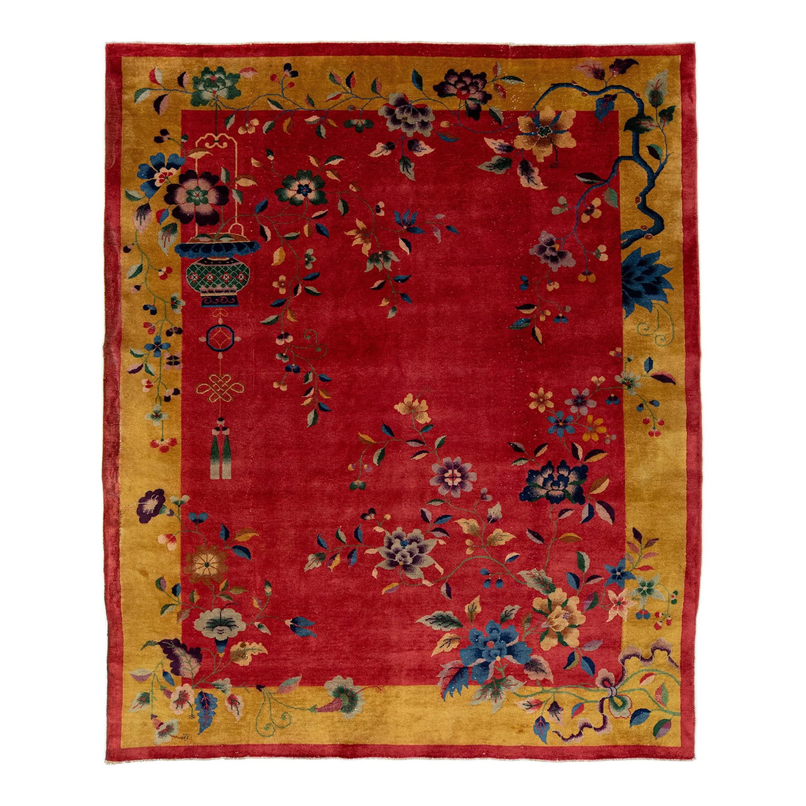 Antique Art Deco Chinese Floral Wool Rug Red 7'11 x 9'5: Antique Art Deco Chinese Floral Wool Rug Red 7'11 x 9'5 Enhance your space with this exquisite Antique Art Deco Chinese Floral Wool Rug. Hand-knotted from high-quality wool, it features a rich red fie