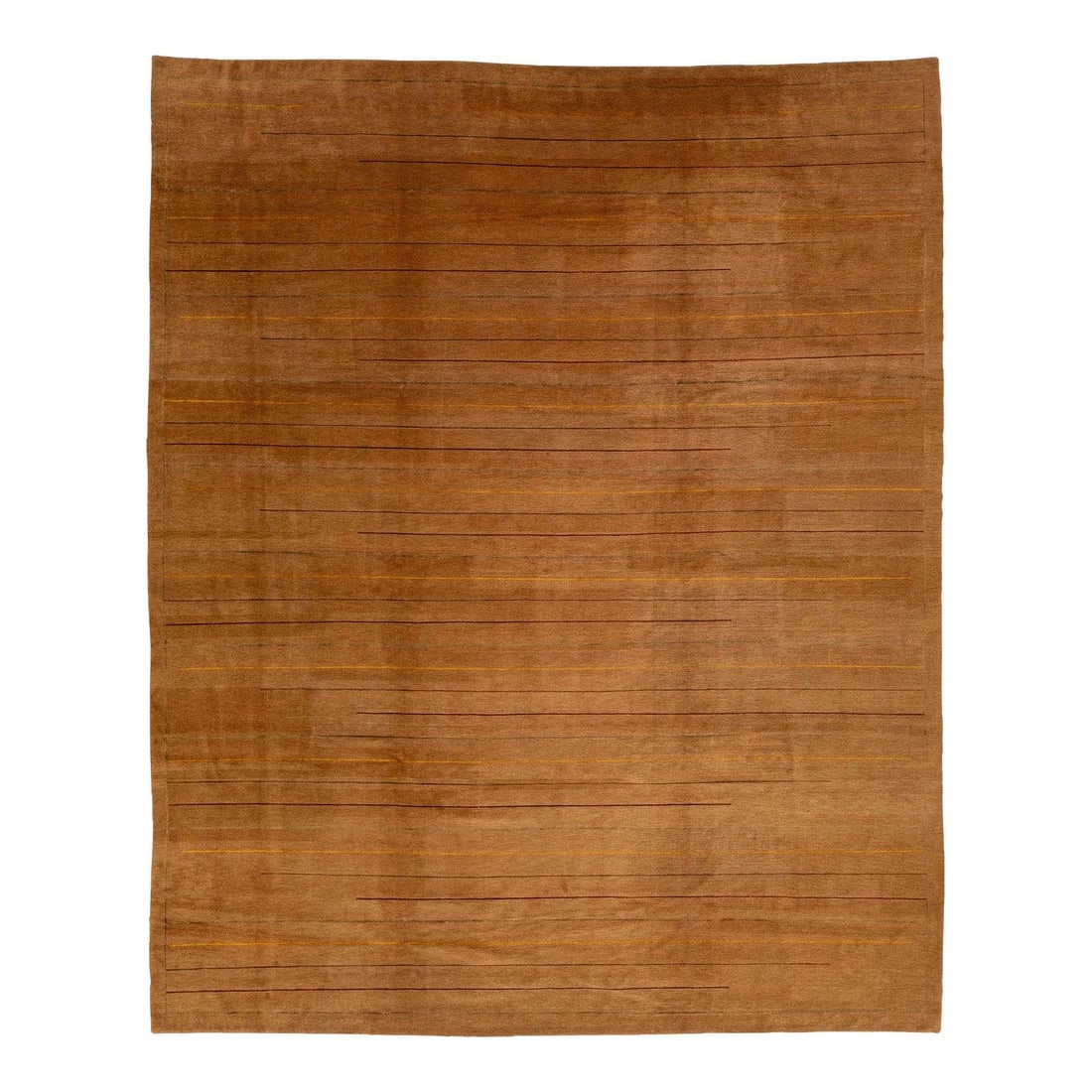 Contemporary Tibetan Wool Rug 11'8 x 14'4 Golden Brown Striped Design: Contemporary Tibetan Wool Rug 11'8 x 14'4 Golden Brown Striped Design Elevate your space with this stunning contemporary Tibetan rug, showcasing a captivating multicolor striped pattern. Crafted from 