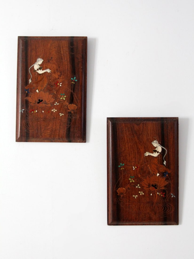 Pair of Inlaid Wood Wall Panels with Art Nouveau Female Motif: Pair of Inlaid Wood Wall Panels with Art Nouveau Female Motif This pair of mid-century inlaid wood wall panels features an Art Nouveau style, characterized by continuous, flowing lines that guide the 