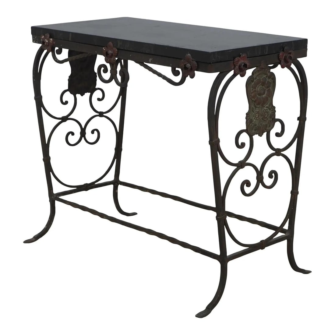 French Style Marble Side Table with Wrought Iron Stretcher Base 25w x 15d x 22h (1 of 10)