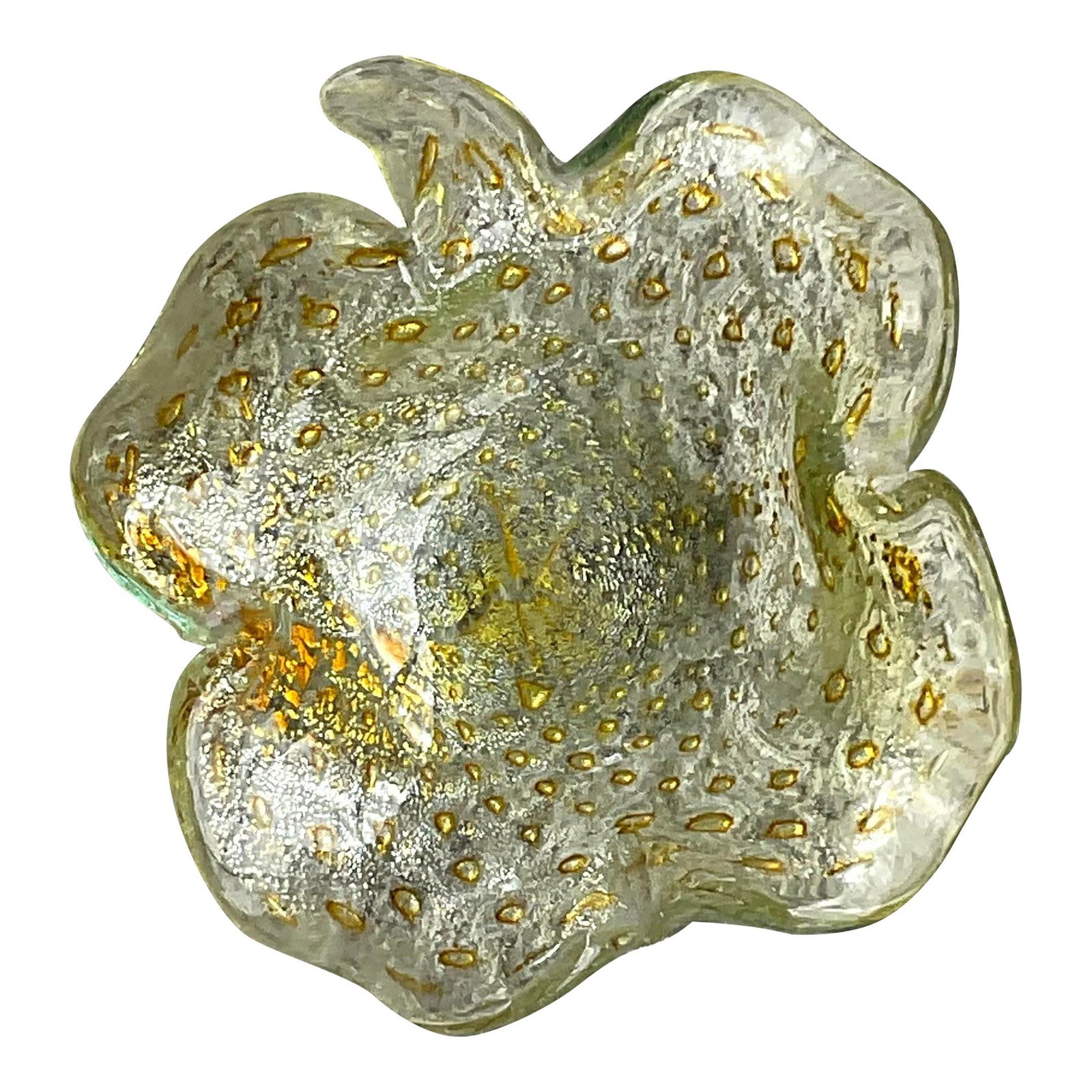 Vintage Italian Art Glass Bullicante Bowl with Gold Flecks: Vintage Italian Art Glass Bullicante Bowl with Gold Flecks This stunning vintage Italian art glass bowl showcases a chic biomorphic shape adorned with floating flecks of gold, making it a captivating 