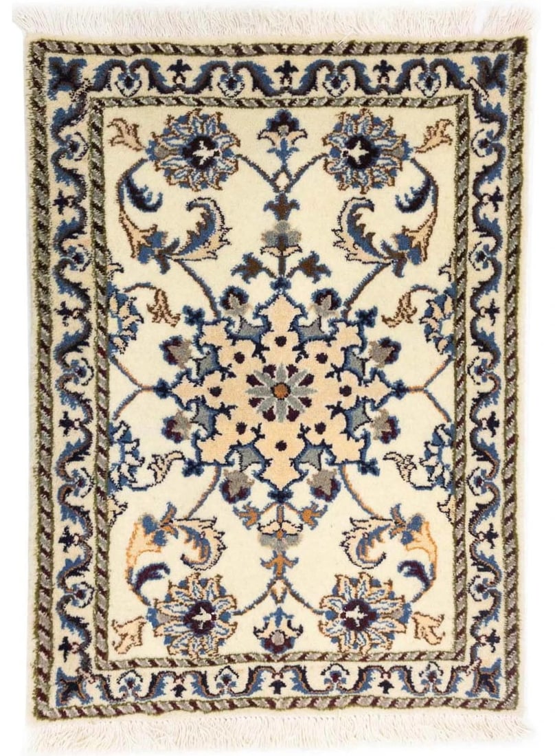 2x3 Hand-Knotted Wool Area Rug with Vintage Floral Pattern: 2x3 Hand-Knotted Wool Area Rug with Vintage Floral Pattern This handmade Indo-Nain wool oriental rug features a classic floral design in shades of vanilla cream, blue, beige, brown, and purple-navy. C