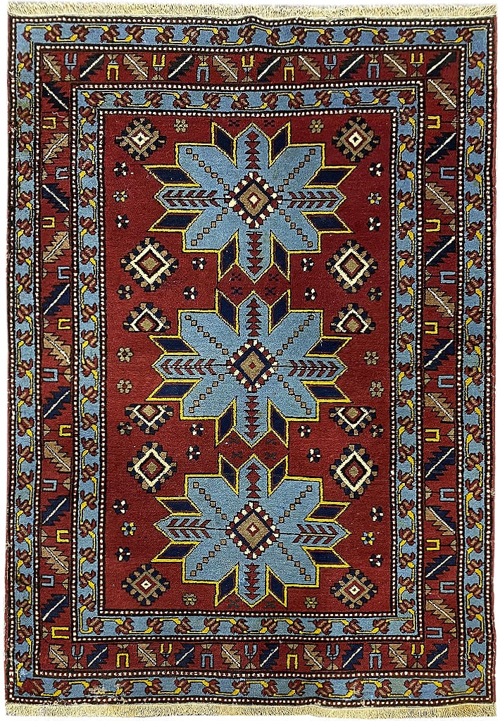 Antique Russian Kazak 4' x 6' Red Orange Handmade Rug (1 of 9)