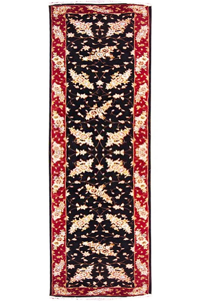 Luxurious 2'3" x 10' Black Wool and Silk Runner Handmade in China: Luxurious 2'3" x 10' Black Wool and Silk Runner Handmade in China Free continental US Shipping Introducing an exquisite 2' 3" x 10' Wool and Silk Runner in a striking black hue, perfect for adding ele