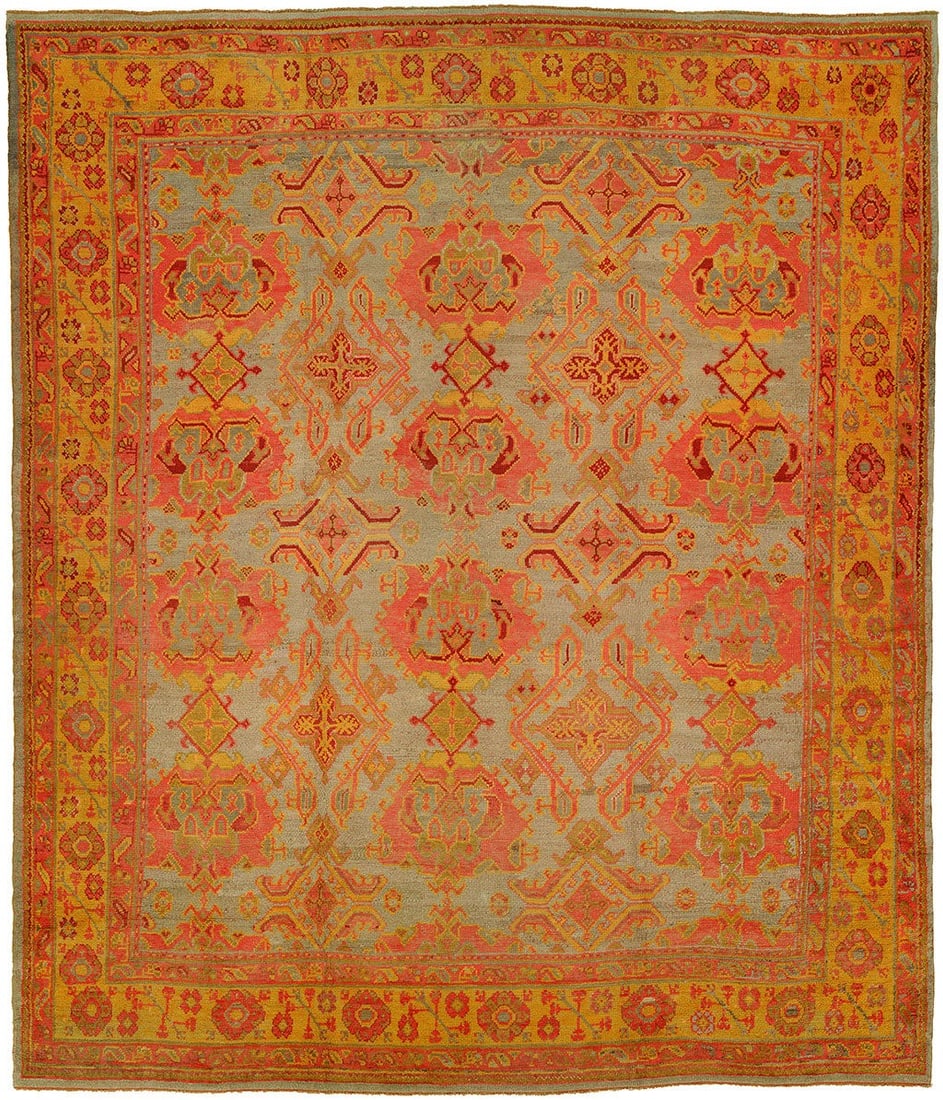 12' 4" x 14' 5" Antique Turkish Oushak Rug Silver Field: 12' 4" x 14' 5" Antique Turkish Oushak Rug Silver Field Antique Turkish Oushak rug with a silver shaded field, mustard border, and vibrant multicolor accents. Dating to circa 1920, this oversize rug r