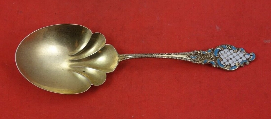 Whiting Enameled Sterling Silver Berry Spoon Vermeil 8 Inch: Whiting Enameled Sterling Silver Berry Spoon Vermeil 8 Inch This exquisite 8-inch berry spoon showcases the artistry of various makers with its enameled sterling silver design. Crafted by Whiting betw